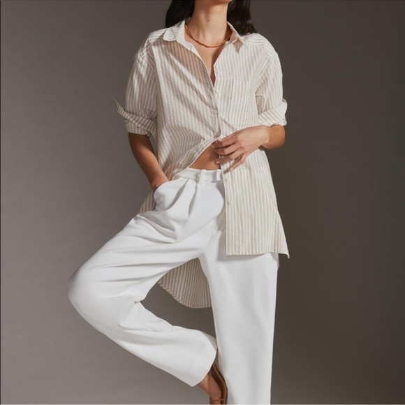 ANTHROPOLOGIE Longline Button Down Neutral Blouse - Picture 1 of 9